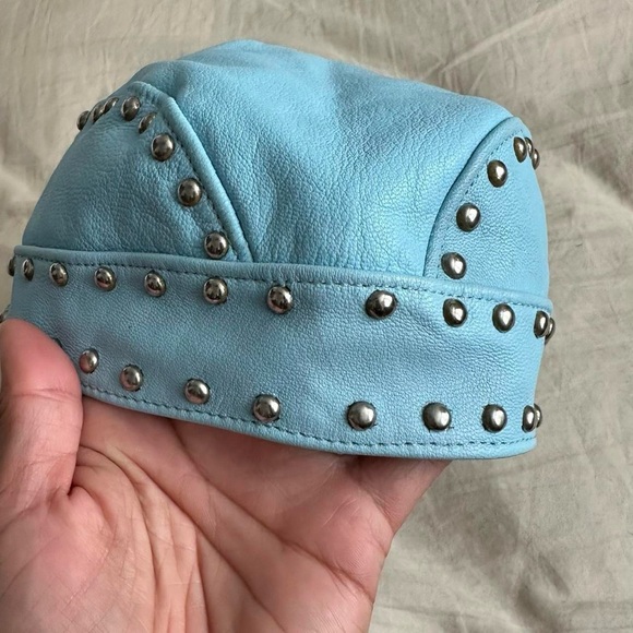 VINTAGE Y2K SEXY BABY BLUE LEATHER CAP BIKER HAT MOTO STYLE/Small - Picture 3 of 8